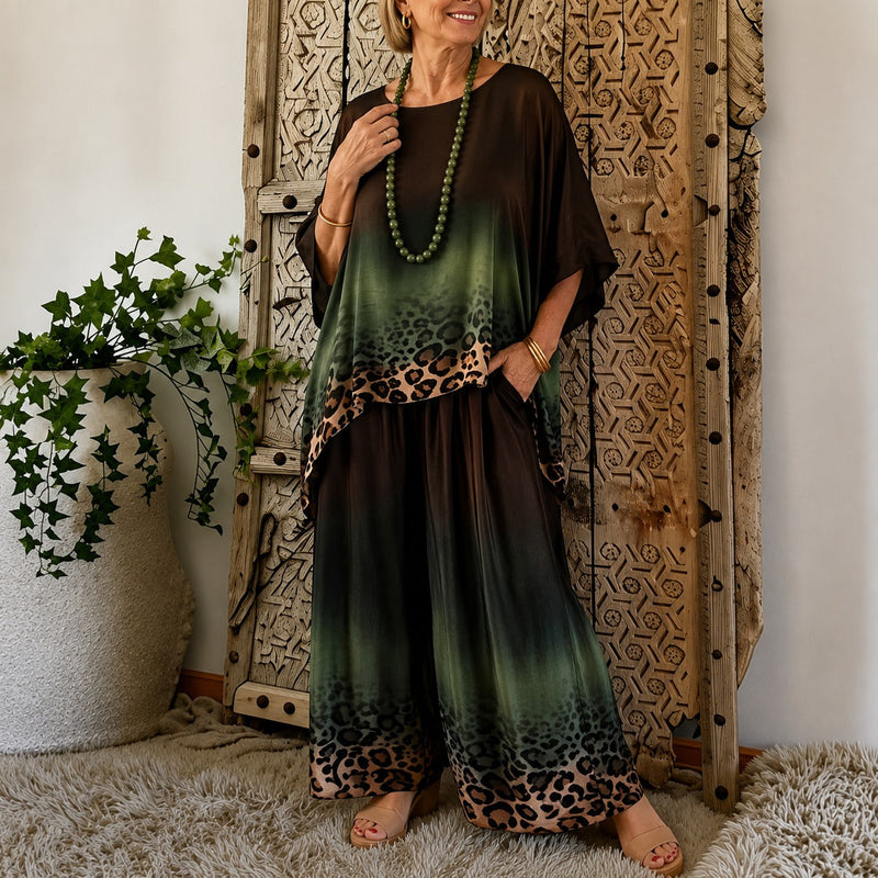 Conjunto Montes com Estampa Animal em Degradê, Blusa Assimétrica e Modelagem Ampla