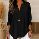 Blusa Aline em Linho de Algodão com Mangas Longas Dobráveis e Decote em V