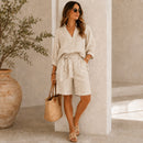 Conjunto Nalenne em Linho de Algodão com Camisa Ampla e Bermuda de Cós Ajustável