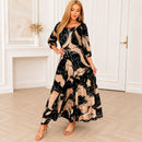 Vestido Longo Veloria com Estampa Abstrata, Cintura Marcada e Mangas 3/4